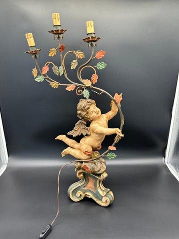 sculptuur, Statua Lampada Angelo Scultura Putto - 80 cm -