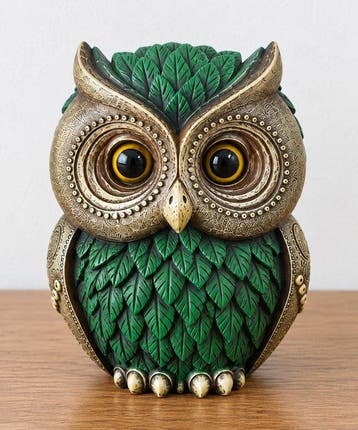 sculptuur, Decorative Owl Figurine with Green Leaf Detailing