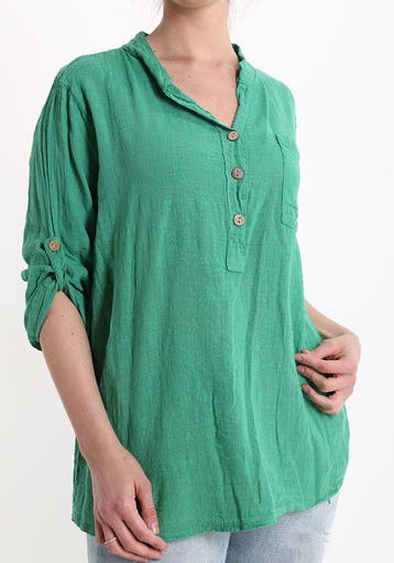 Katoen en linnen blouse - luchtige grove stof - opgerolde, Kleding | Dames, Nieuw