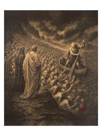Charon op de Acheron – Dante en Vergilius bij de Poorten van