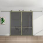 Dubbele stalen schuifdeur - 3 Vlaks - Olijfgroen - Rook glas, 75 tot 150 cm, Nieuw, 150 tot 225 cm, Metaal