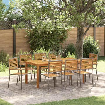 vidaXL Tuin eettafelset 9 st Grijs Massief Acaciahout, Verzenden, Nieuw, Meer dan 8 zitplaatsen