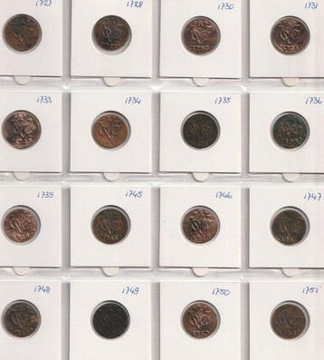 VOC - Zeeland. V.O.C. Duiten 1727 t/m 1751 (lot van 16