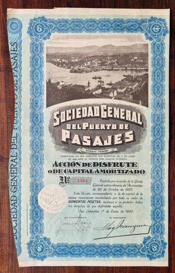 Spanje. 500 Peseta - 1928 Sociedad General del Puerto de, Antiek en Kunst