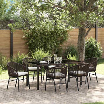 vidaXL Tuin eettafelset 7 pcs Bruin Gepoedercoat staal, Verzenden, Nieuw, Rotan, 7 zitplaatsen