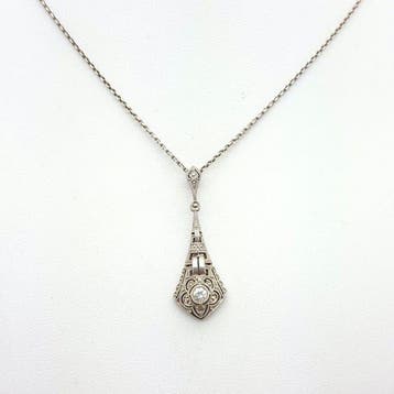 Ketting met hanger - 14 karaat Witgoud - 0.08ct. tw. Diamant, Sieraden, Tassen en Uiterlijk, Antieke sieraden