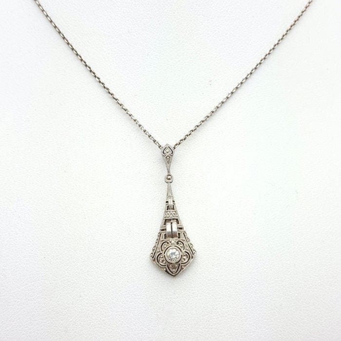 Ketting met hanger - 14 karaat Witgoud - 0.08ct. tw. Diamant, Sieraden, Tassen en Uiterlijk, Antieke sieraden