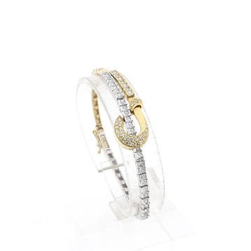 Bicolor gouden staafjesschakel armband met zirconia, Sieraden, Tassen en Uiterlijk, Gebruikt, Ophalen of Verzenden, Met edelsteen
