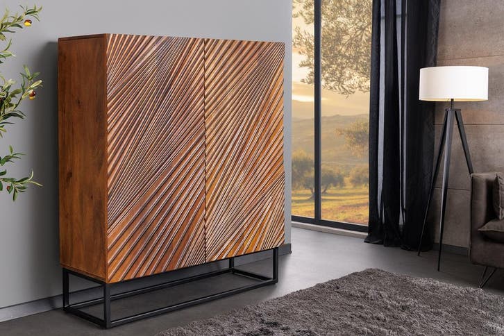 Massief Highboard ART 120cm Bruin Mango Hout 3D Design Zwart, Huis en Inrichting, Kasten | Overige, Ophalen of Verzenden