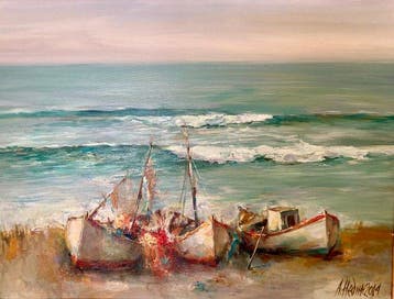 Angelina Nedin - Fishing Boats on the Shore, Antiek en Kunst, Kunst | Schilderijen | Klassiek