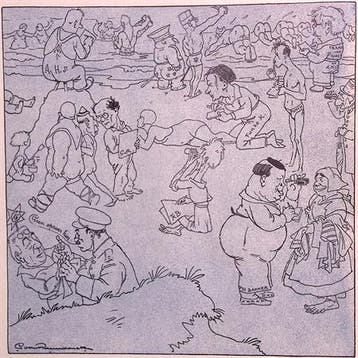 Spotprent over kunstenaars van De Notenkraker op het strand, Antiek en Kunst, Verzenden