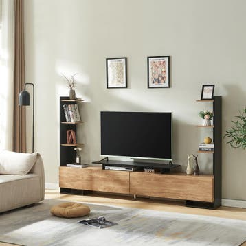 Tv-meubel Rauki zwart en houtkleurig mango 233x31x140 cm [en, Verzenden, Nieuw
