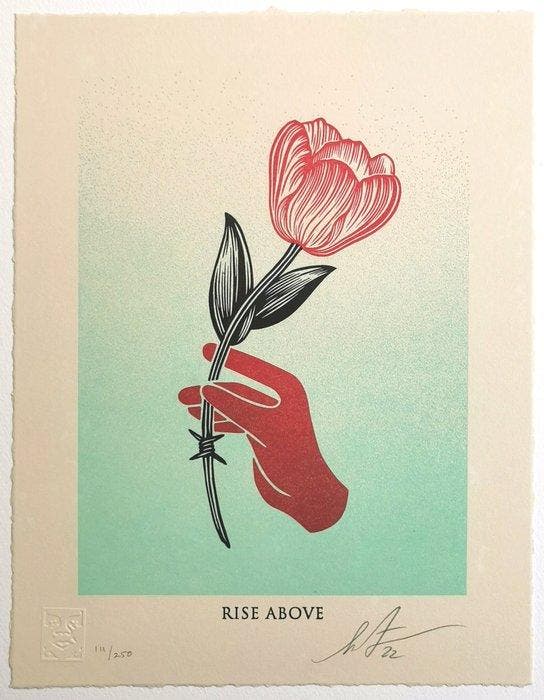 Shepard Fairey (OBEY) (1970) - Rise Above Barbwire Flower, Antiek en Kunst, Kunst | Designobjecten