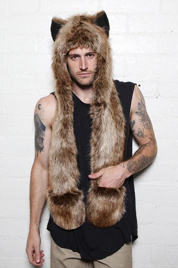 KIMU® Hood Bruine Wolf Muts Sjaal Wanten Oortjes Bruin Bontm, Ophalen of Verzenden, Nieuw