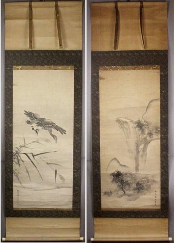 Very fine sumi-e landscape and goose diptych, signed -