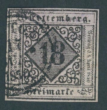 Württemberg 1851 - gestempelde, breedrandige 18 kr. zwart op, Postzegels en Munten, Gestempeld