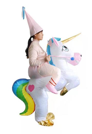 KIMU® Opblaas Kostuum Rijdend op Eenhoorn Opblaasbaar Pak Ee, Carnaval, Nieuw, Overige maten, Ophalen of Verzenden