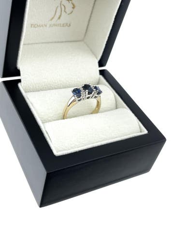 14 K Gouden Maison Birks 3-Steens Ring Saffier / Diamant, Ophalen, Zo goed als nieuw, 17 tot 18, Met edelsteen