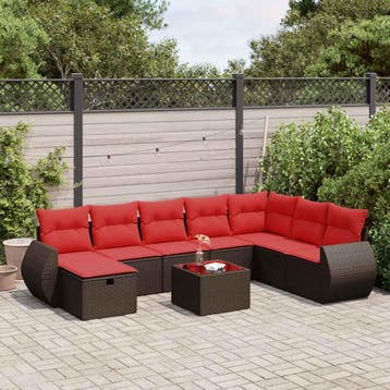 vidaXL 9-delige Loungeset met kussens poly rattan bruin, Verzenden, Nieuw, 8 zitplaatsen, Loungeset