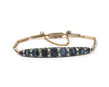 14 krt. gouden en zilveren armband met saffier en diamant, Sieraden, Tassen en Uiterlijk, Armbanden, Gebruikt