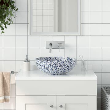 vidaXL Opzetwasbak rond 41x14 cm keramiek wit en blauw, Verzenden, Nieuw