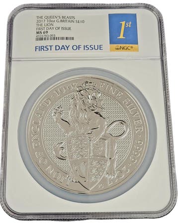Queens Beast Lion of England 10 oz 2017 NGC Graded MS69, Verzenden, Overige landen, Losse munt, Zilver
