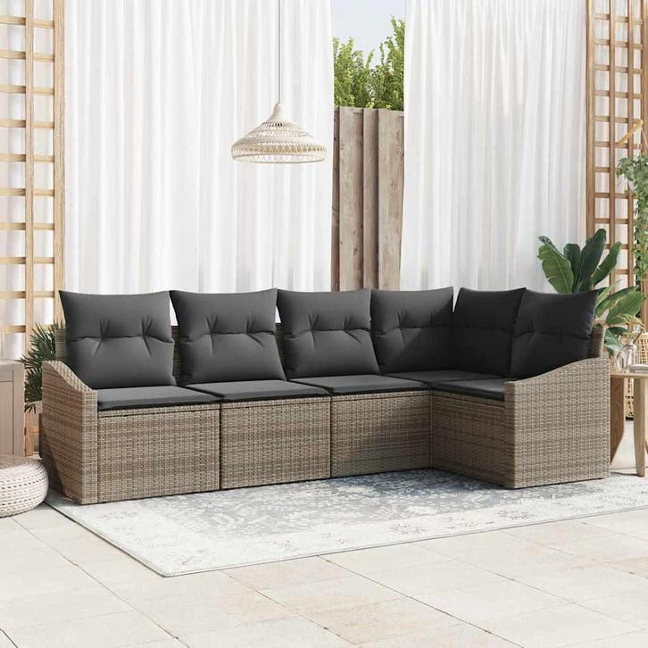 vidaXL Tuinbankenset met kussen met opslag 5 pcs Grijs poly, Tuin en Terras, Tuinsets en Loungesets, Nieuw, 5 zitplaatsen, Rotan