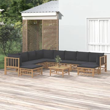 vidaXL 11-delige Loungeset met kussens bamboe donkergrijs, Verzenden, Nieuw, Hout, Loungeset