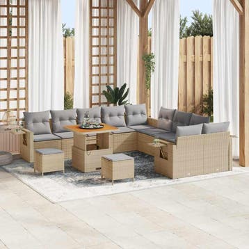 vidaXL Tuin Sofa Set met kussen met opslag 13 pcs Beige poly, Verzenden, Nieuw, Rotan, 3 zitplaatsen