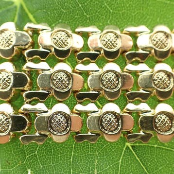 Vintage gouden brede florale schakelarmband, Ophalen of Verzenden, Gebruikt, Goud, Goud