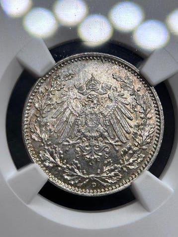 Duitsland, keizerrijk 1/2 Mark 1918D NGC MS66 (Zonder