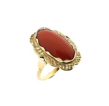 Gouden ring met bloedkoraal, Sieraden, Tassen en Uiterlijk, Gebruikt, Ophalen of Verzenden, 17 tot 18, Met edelsteen
