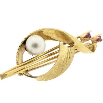 Gouden broche met parel en robijn, Sieraden, Tassen en Uiterlijk, Broches, Gebruikt, Overige kleuren, Ophalen of Verzenden, Met edelsteen