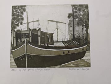 Laetitia de Haas – Boot op het Prinseneiland – gesigneerde z, Zeefdruk, Verzenden, Gesigneerd, Overige onderwerpen