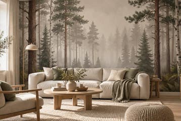Fotobehang bos met mist – natuur behang woonkamer, Verzenden, Fotobehang
