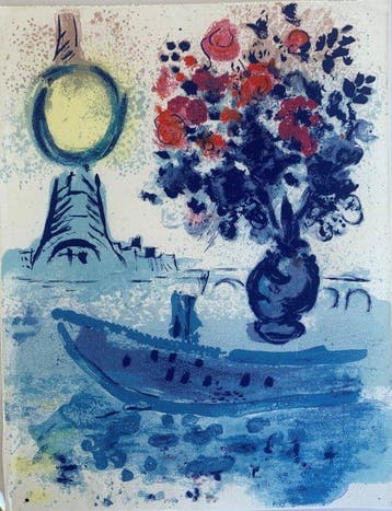 Marc Chagall (1887-1985) - Le Bateau Mouche au bouquet et à