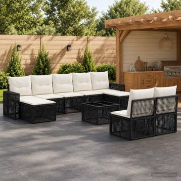 vidaXL Tuinbankenset 10 st Zwart en Cream Wit poly rattan, Verzenden, Nieuw, Meer dan 8 zitplaatsen