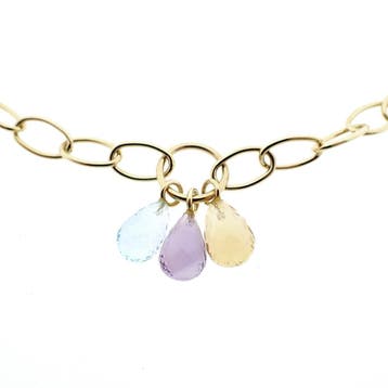 Gouden schakelketting met Amethist, Aquamarijn en Citrien., Gebruikt, Ophalen of Verzenden, Met edelsteen, Goud