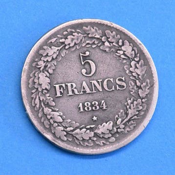 België. Leopold I. 5 Francs 1834 Pos. A Variatie Dubbele 5, Postzegels en Munten
