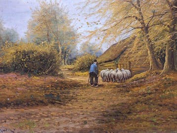 A. v d Burg (XX) - Herder met schapen in bosrijk landschap