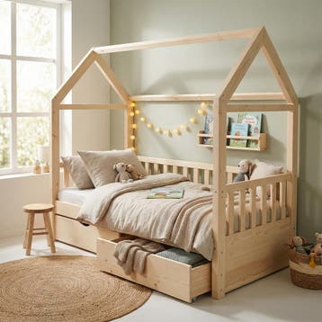 Huisbed 80x160 Grenenhout | BLUM Lade | Nieuw | OP=OP, 85 tot 100 cm, Nieuw, Ophalen of Verzenden, Lattenbodem