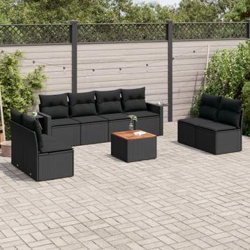 vidaXL 9-delige Loungeset met kussens poly rattan zwart, Verzenden, Nieuw, Loungeset