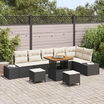 vidaXL Tuinbankenset met kussen 9 pcs Zwart poly rattan, Verzenden, Nieuw, Rotan, Meer dan 8 zitplaatsen