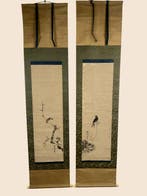 Zeer fraaie sumi-e-diptiek van vogels en bloemen, gesigneerd