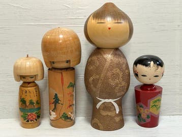 Vintage Japanese Sosaku Kokeshi Collection – 4 Wooden Dolls