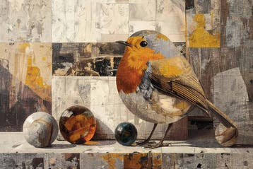 Schilderij roodborstje - vintage knikkers, Ophalen of Verzenden