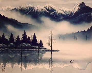 Okutone  - Rivierlandschap met bergmist - Landschap
