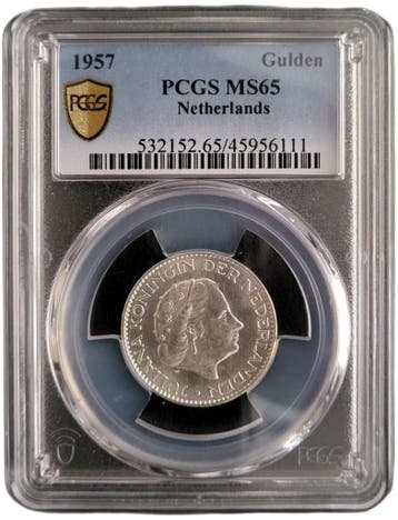Koningin Juliana zilveren 1 gulden 1957 MS65 PCGS, 1 gulden, Koningin Juliana, Verzenden, Zilver