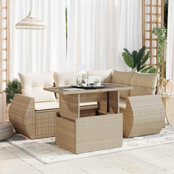 vidaXL 5-delige Loungeset met kussens poly rattan beige, Verzenden, Nieuw, Loungeset