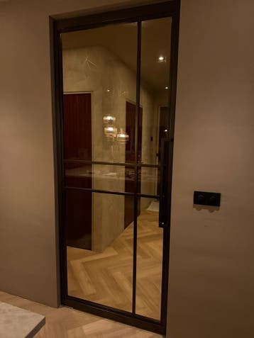 Nieuwe bronzen taatsdeuren met bruin gerookt glas €635,-, 215 cm of meer, Binnendeur, Nieuw, Glas